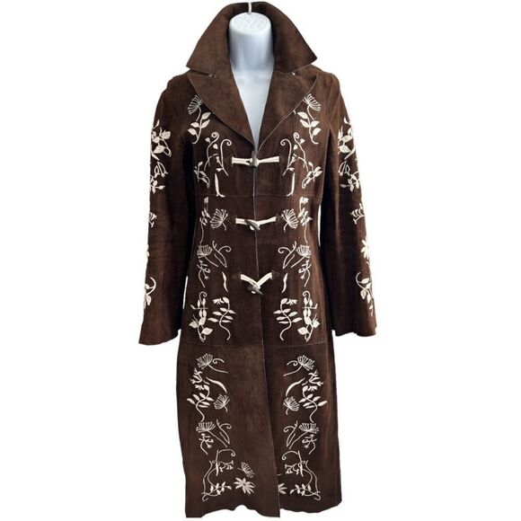 ARDEN B Brown Suede Leather Whit Ivory Embroidery  3-Toggle Closure Coat Sz XS - Picture 1 of 8